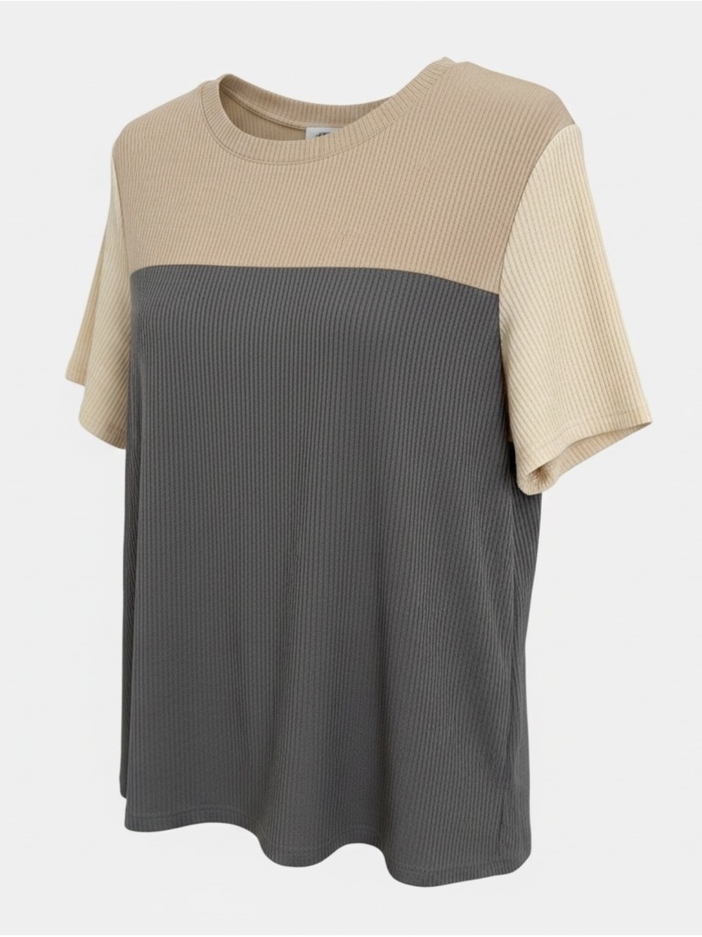 Colorblock Ribbed Short Sleeve Tee - Beige, Cream & Charcoal